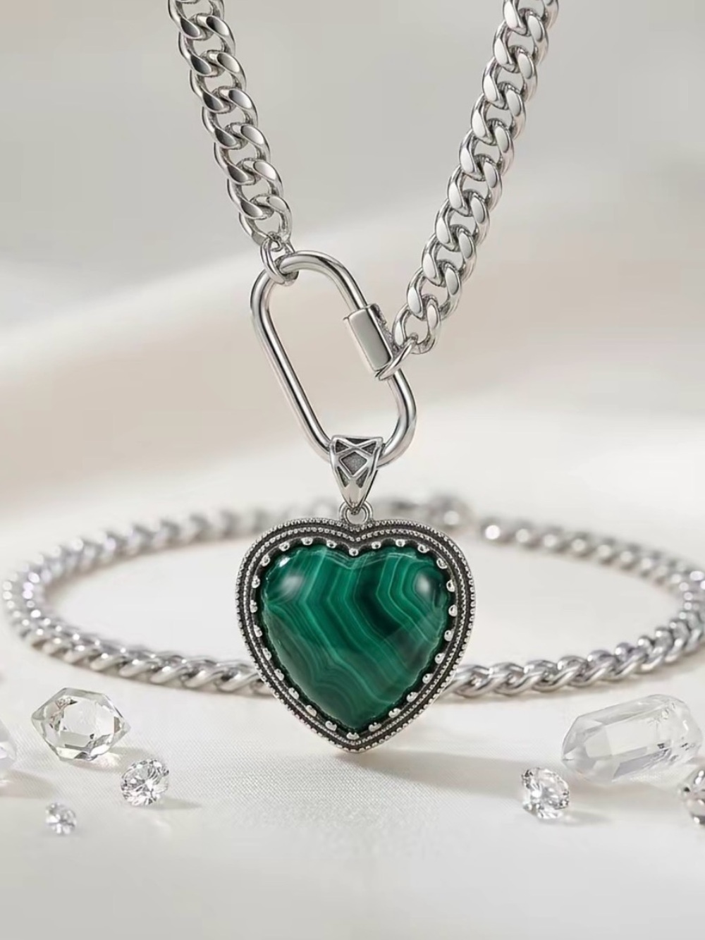 Silver Heart Pendant Necklace with Green Malachite Stone